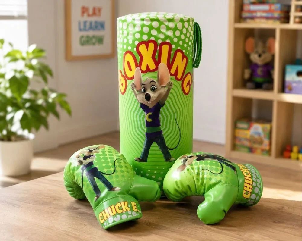 Chuck E. Cheese Kids Boxing Punching Bag 13” Tall and Boxing Gloves Rare Set